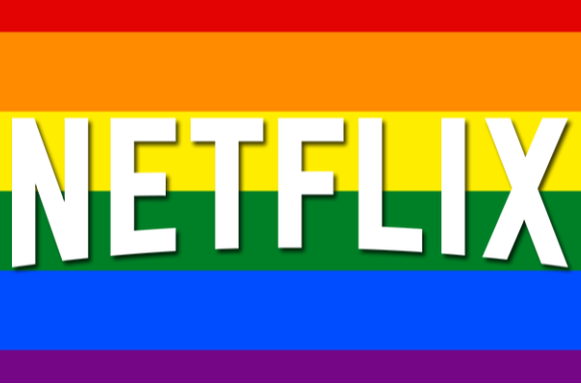 Afbeelding van het woord Netflix, afgebeeld op een regenboogvlag.