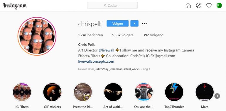 Screenshot van het Instagram-account van Chris Pelk.