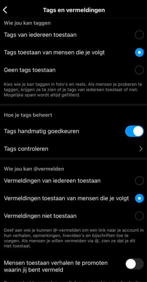 Instagram tags en vermeldingen instellingen