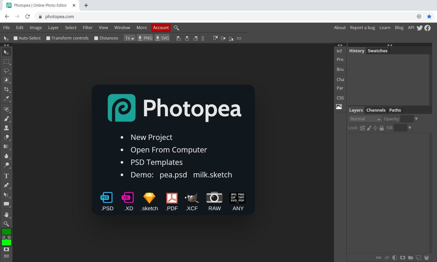 Screenshot van Photopea, een van de tools voor fotobewerking.