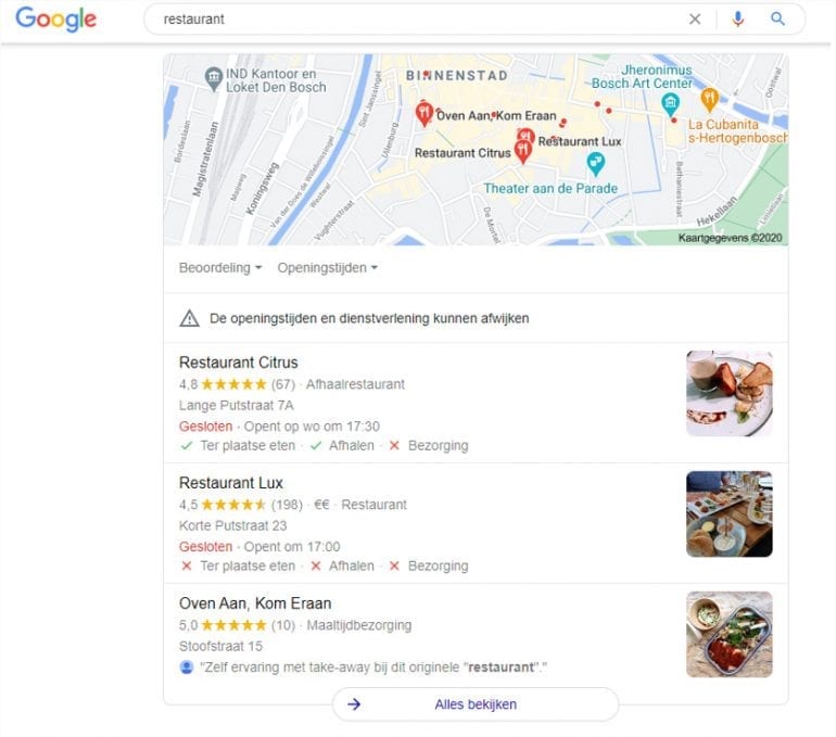 Google search naar restaurants in de buurt.