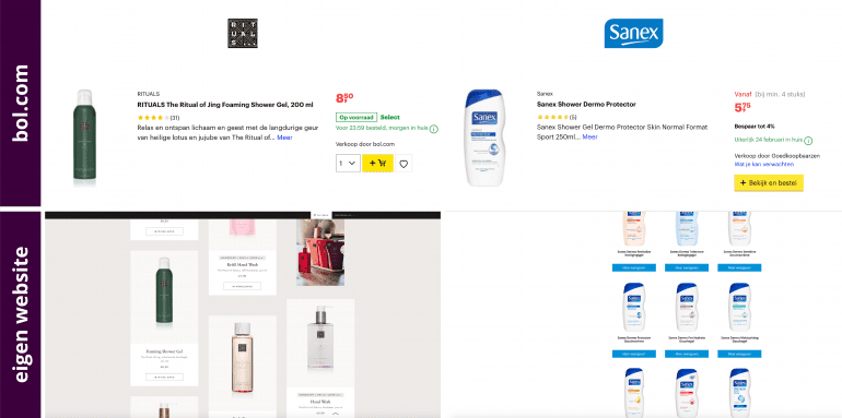 Je merk versterken met marketplaces - twee douchegels in de zoekresultaten van bol.com en op de productoverzichtspagina van hun eigen website