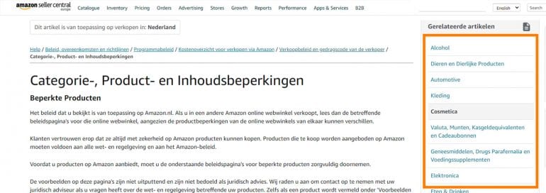 Screenshot van de Amazon seller central: Category, Product, and Content Restrictions.