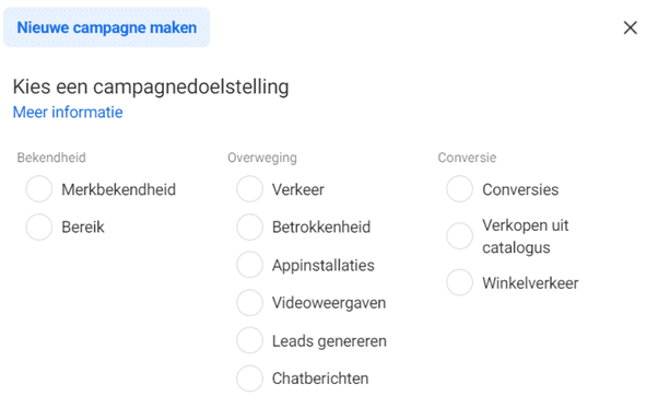 Campagnedoelstellingen in Facebook Ads Manager.