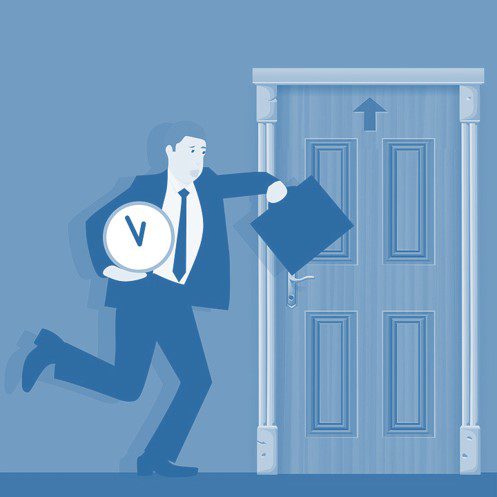 Zakenman met klok en tas in hand die de deur uitgaat, bij artikel over LinkedIn Mijn Bedrijf - My Company Tab.
