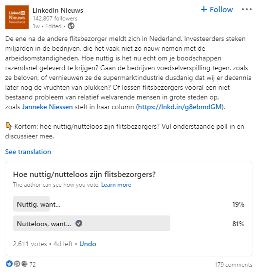 LinkedIn poll over flitsbezorging.