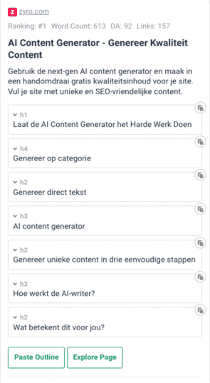 Screenshot vanuit Frase.io: Voorbeeld van output van een website op het zoekwoord: “Content schrijven door AI”