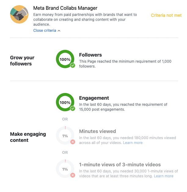Screenshot Meta Brand Collabs Manager criteria niet voldaan