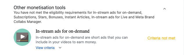 Screenshot Meta In-stream ads criteria niet voldaan