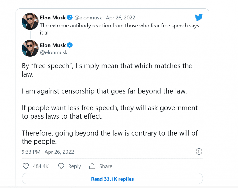 Elon Musk die op Twitter schrijft wat hij verstaat onder 'free speech'.