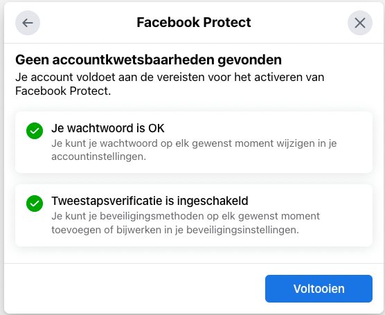 Melding Facebook Protect inschakelen voltooien