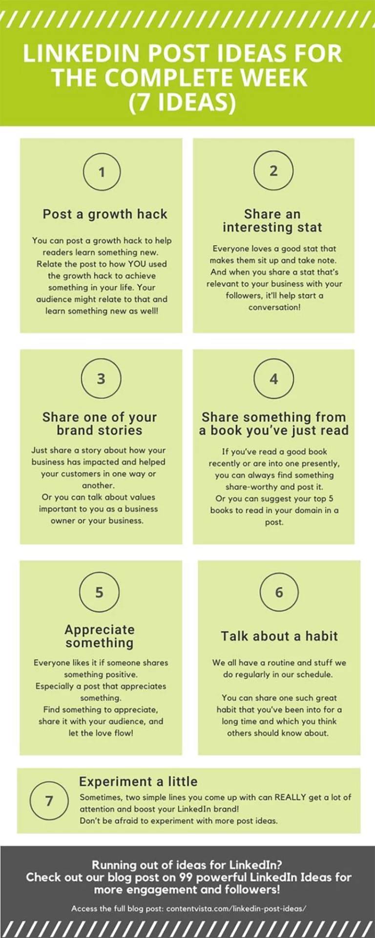 Infographic met 7 ideeën voor LinkedIn-posts.