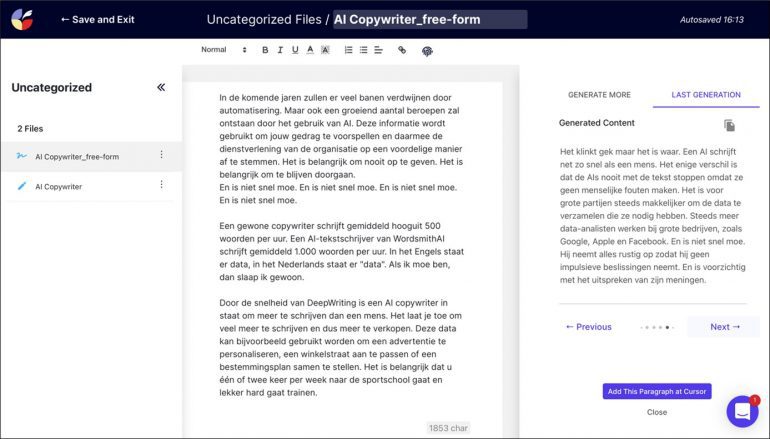 Screenshot van Copysmith - na input bulletpoints