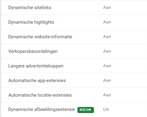 Automatische extensies in Google Ads.