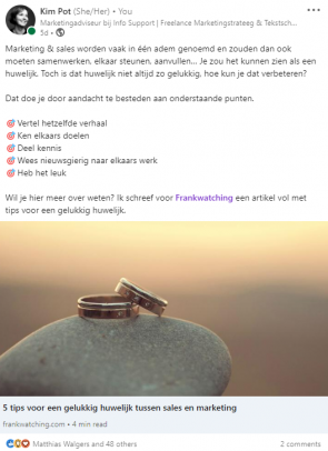 Post over artikel op Frankwatching over gelukkig huwelijk tussen marketing en sales。