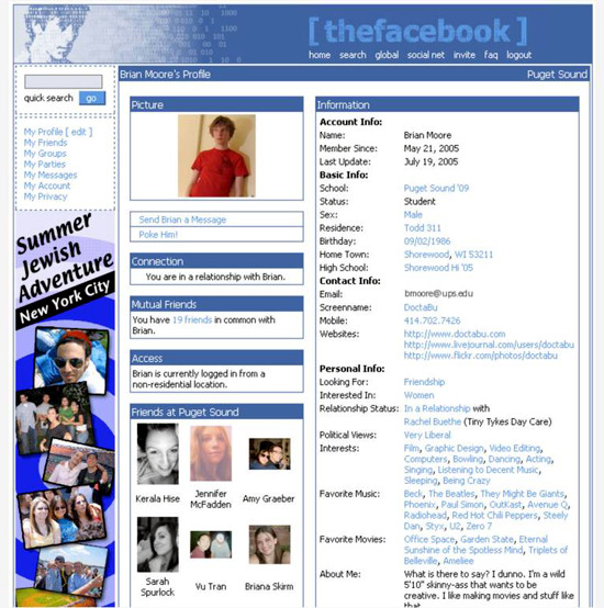 Facebook-profielpagina in 2005.
