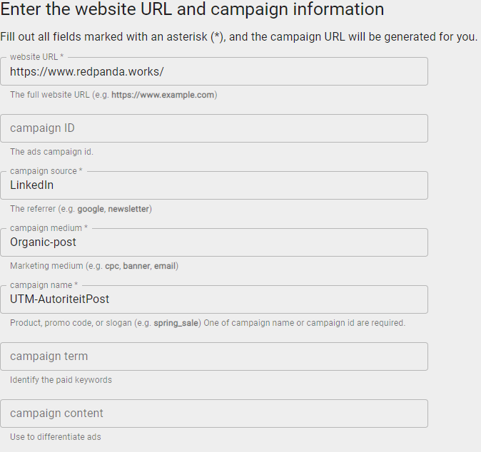 Screenshot van Google Campaign Builder voor het maken van meetlinkjes.