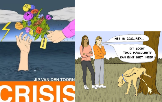 Crisis van Jip van den Toorn (l) en een voorbeeld van haar beeldcolumn (r)