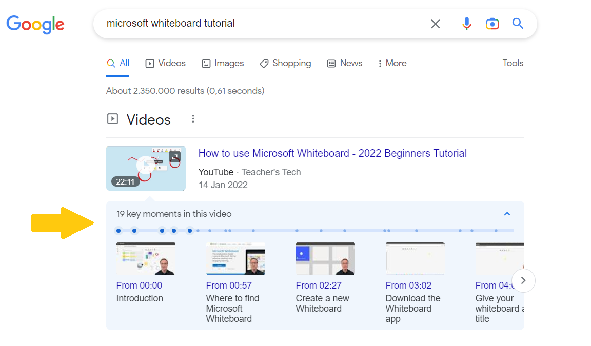 Bij zoeken toont Google meteen fragmenten met tijdsaanduiding Whiteboard tutorial zoekresultaat 
