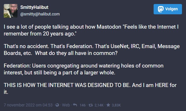 Een toot: "Mastodon voelt als het internet van vroeger. Dat is namelijk federatie."