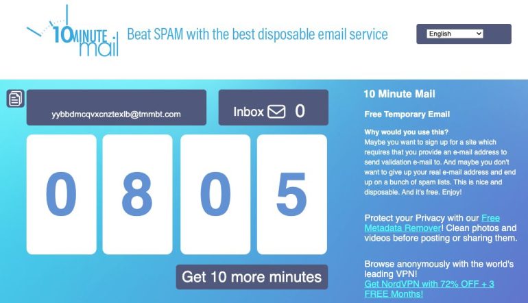 Screenshot van de tool 10 minute mail.