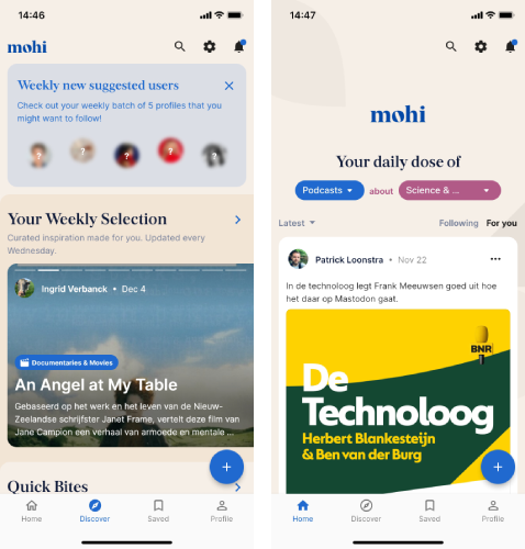 Screenshots discover en home tabbladen Mohi app