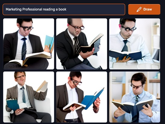 Marketing professional reading a book met Dall-E gegenereerd, op basis van artificial intelligence.