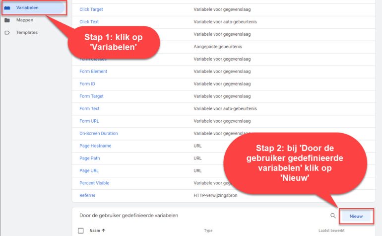 Variabelen aanmaken in Google Tag Manager.