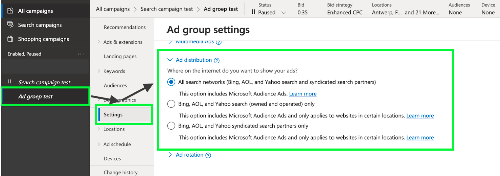 Ad group settings in Bing Ads.