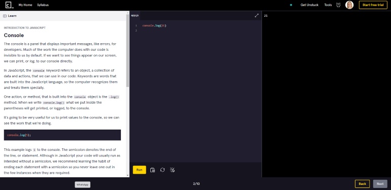 Codeacademy screenshot van javascript tutorial.