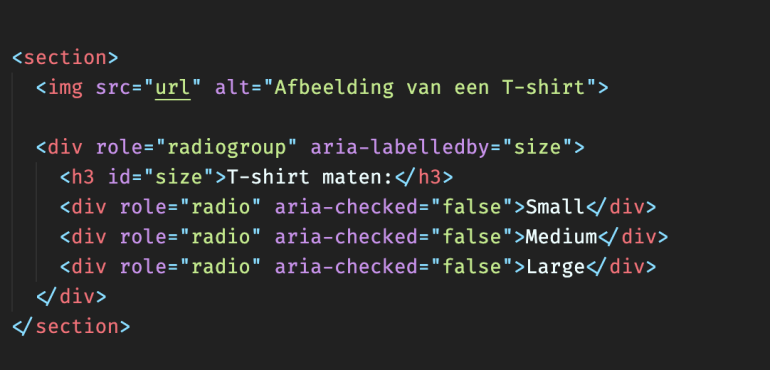 Voorbeeld van het ARIA-label in HTML-code voor een toegankelijke webshop