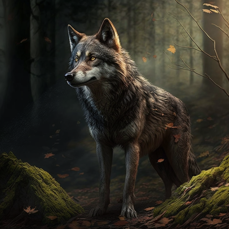 Met Artificial Intelligence gemaakt afbeelding van vriendelijk uitziende wolf in sprookjesachtig bos