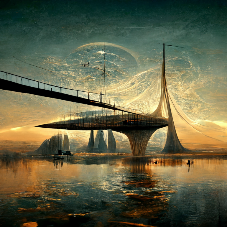 Indall Roland Guijs Midjourney machine imagination construction connection davinci neoclassic cinematic bridge futuristic