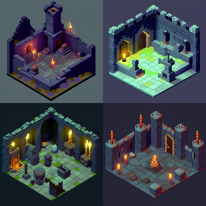 Quadriptych of game setting with dungeon generated by AI
