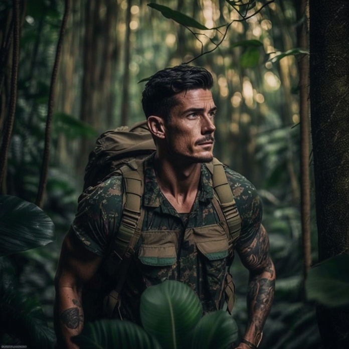 Bild eines Menschen im Dschungel, generiert mit dem KI-Tool Midjourney v5