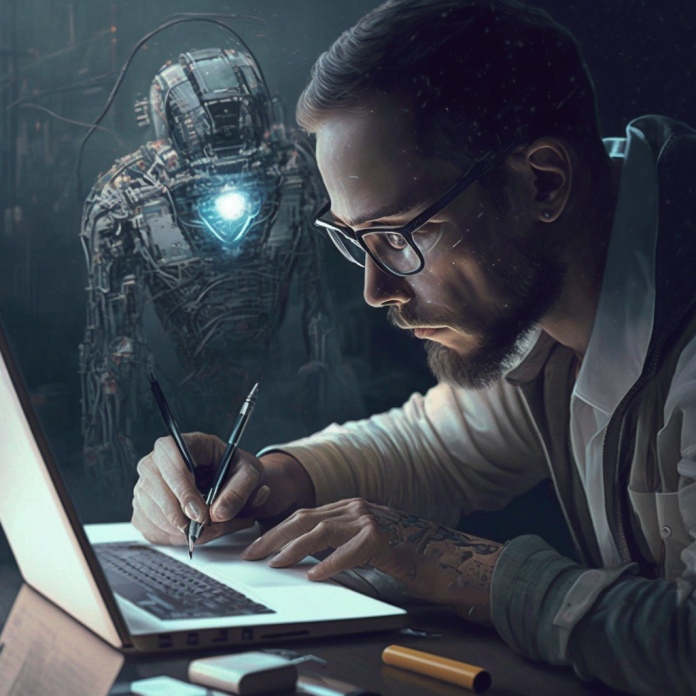 New version of AI generated image of man writing blog