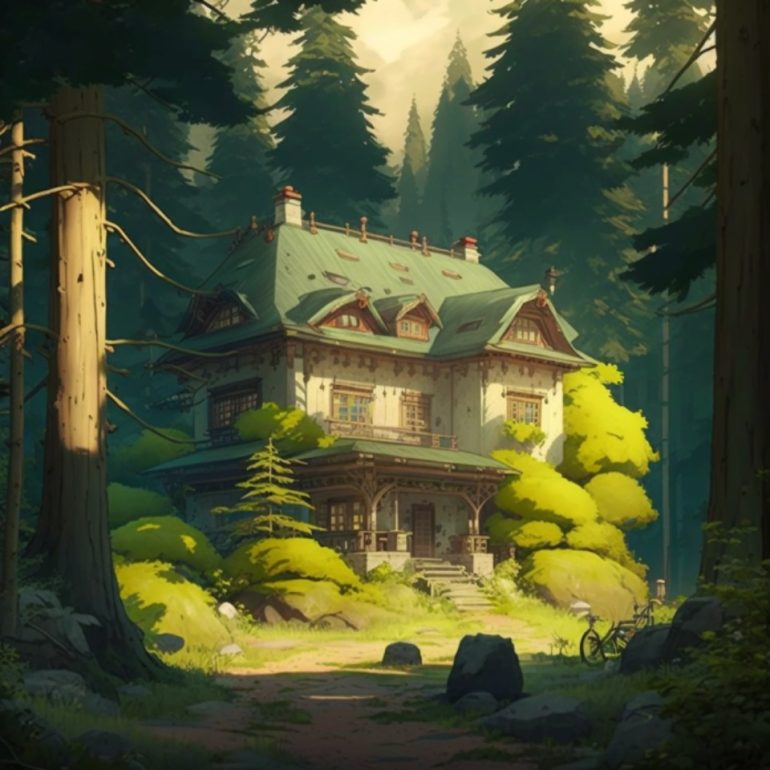 Nieuwe versie van afbeelding van nederzetting in het bos, gemaakt met Midjourney v5