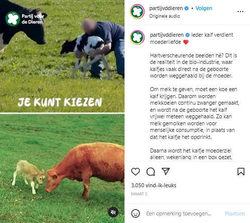 Instagram-post over kunnen kiezen van Partij van de Dieren.