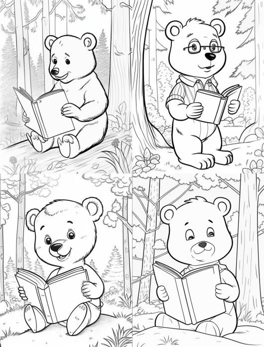 Vierluik kleurplaat van beer die een boek leest, gegenereerd met Midjourney v5