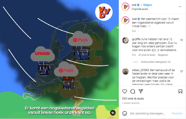 Instagram-post van de VVD met weersvoorspelling over linkse wolken.