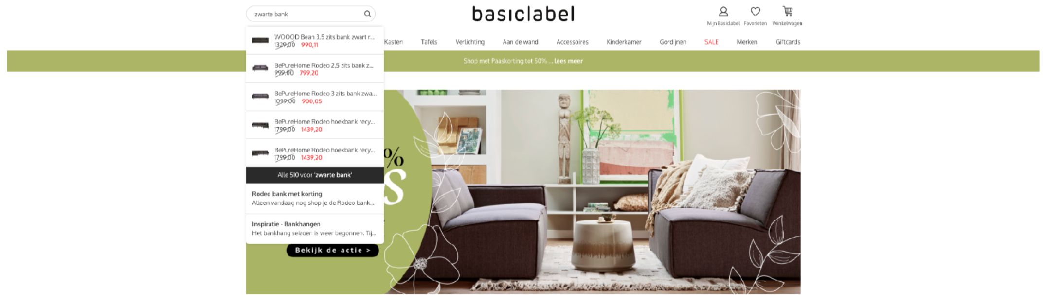Screenshot van Basiclabel.nl, AI-tool voor zoekfunctie website.