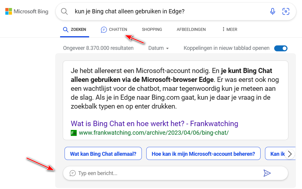 Voorbeeld van de chatfunctie in Bing