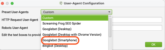 screaming frog user agent configuratie