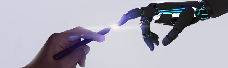Mens met pen en robot ter illustratie van AI en mensenwerk bron Shutterstock