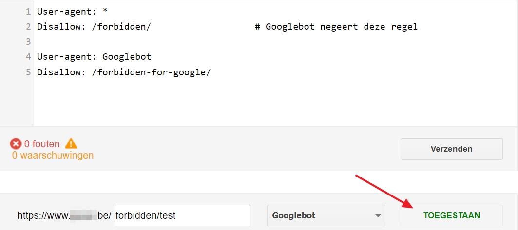 Hoe Google de robots.txt heeft ingesteld voor de User-agent.