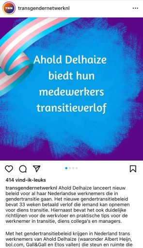 Instagrampost van transgendernetwerknl over transitieverlof bij Ahold Delhaize