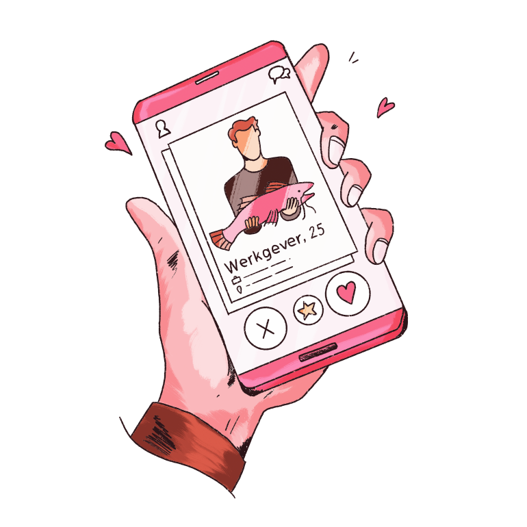 Illustratie van mobiele telefoon waarop datingprofiel van werkgever te zien is. Illustraties: Jeroen Krul (Designer bij Clarify).