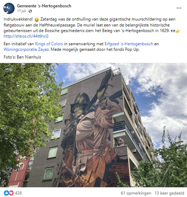 Illustratieve Facebook post van gemeente 's-Hertogenbosch over onthulling muurschildering op een flatgebouw