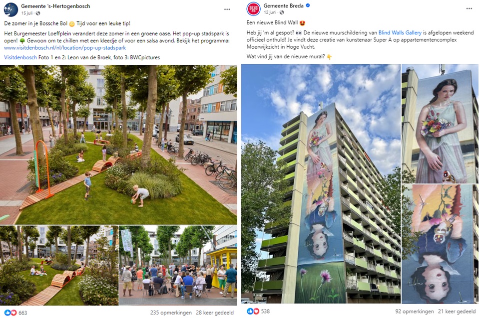 Voorbeeld Facebook-posts van gemeente 's-Hertogenbosch en gemeente Breda.