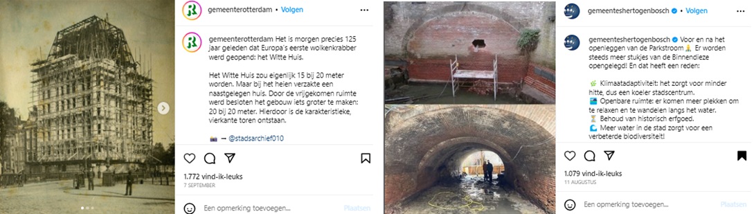 Voorbeeld Instagram-posts van de gemeente Rotterdam en gemeente 's-Hertogenbosch.